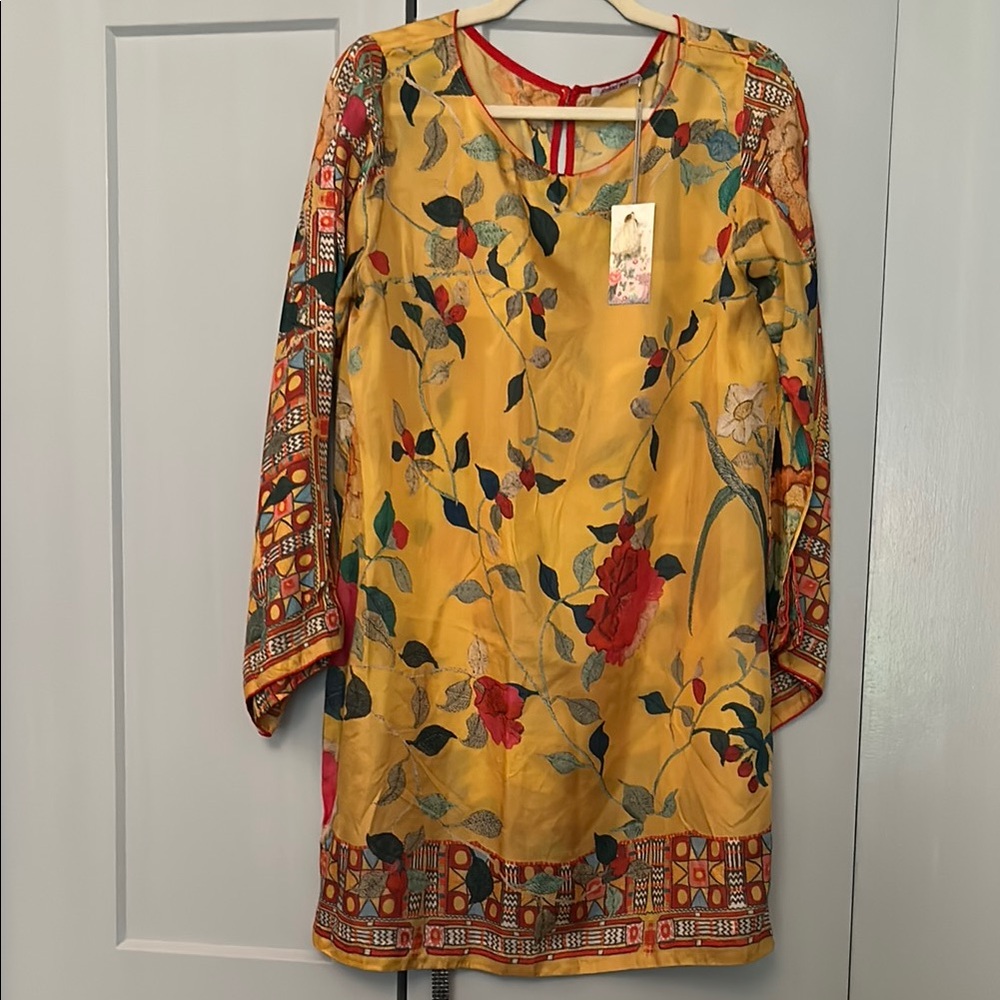 Johnny Was Yellow Long Sleeve Silk Sheath Dress